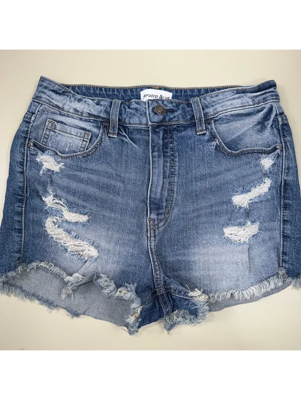 Studio Blue Women’s Distressed Denim Shorts Size 29 Mid Rise Frayed Hem Stretch